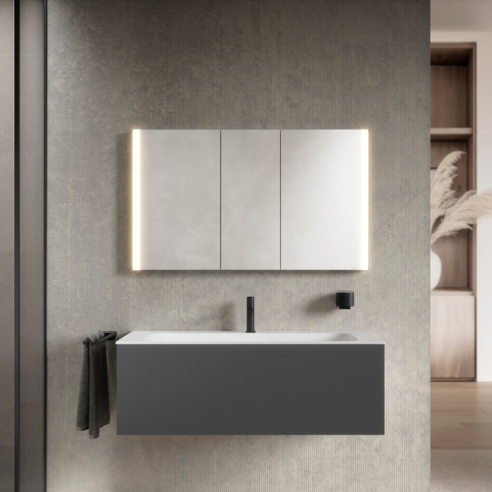 Product Lifestyle image of the Keuco Somaris Triple Mirror Cabinet with Heated Demister 14504003131